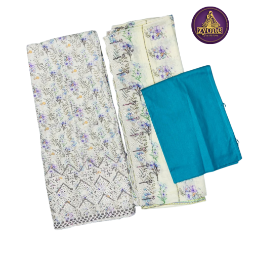 Off White Floral Print Cotton Three Piece with Mirror Work
