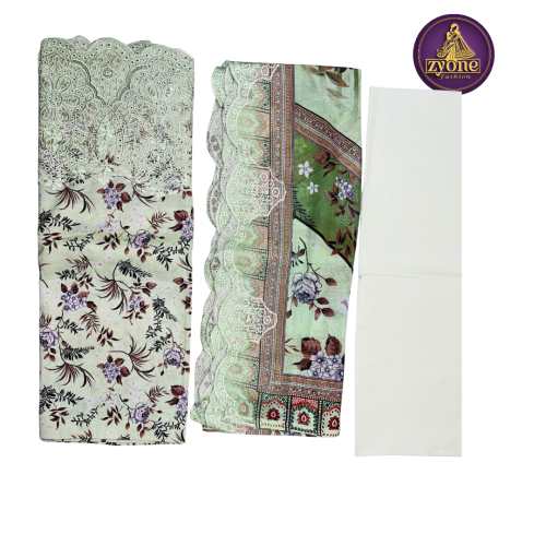 Pista Green Floral Print Three Piece with Chikan Border