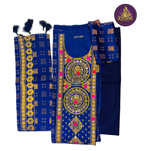 Royal Blue Block Print Cotton Three Piece with Mirror Work