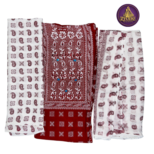 White Maroon Paisley Block Print Cotton Three Piece