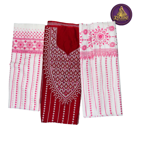 Red White Bandhani Print Cotton Three Piece
