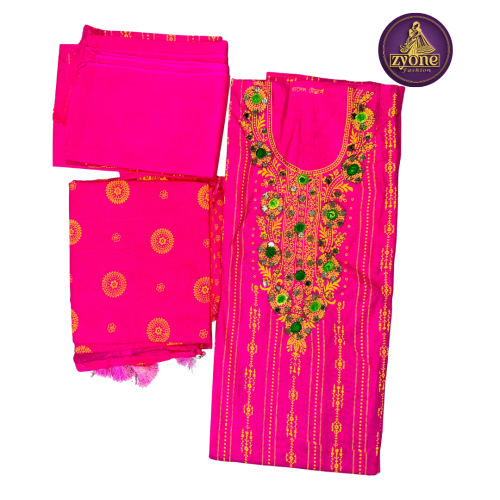 Pink Yellow Print Cotton Three Piece with Mirror Embroidery