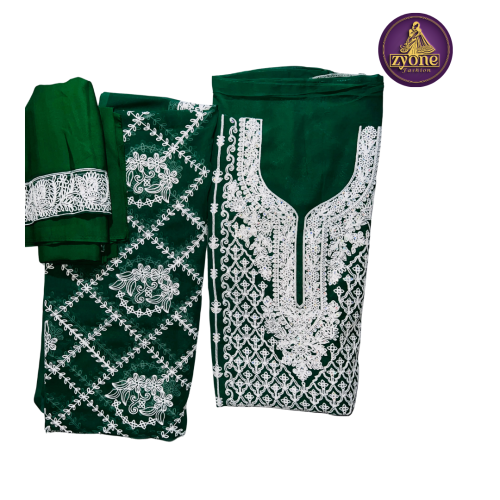 Bottle Green Chikankari Embroidered Three Piece