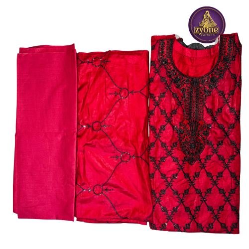 Red Tissue Silk Three Piece with Black Embroidery
