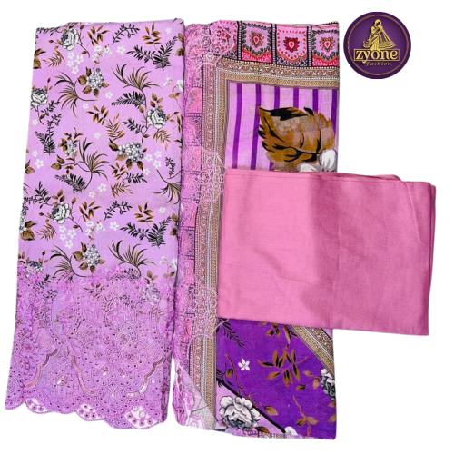 Light Purple Floral Print Three Piece with Embroidered Lace