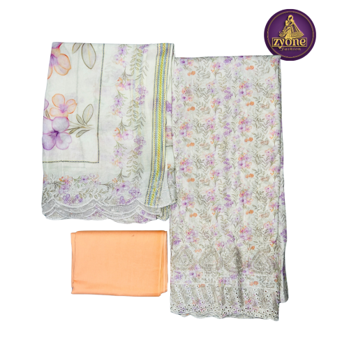 Off White Floral Print Muslin Three Piece with Embroidery