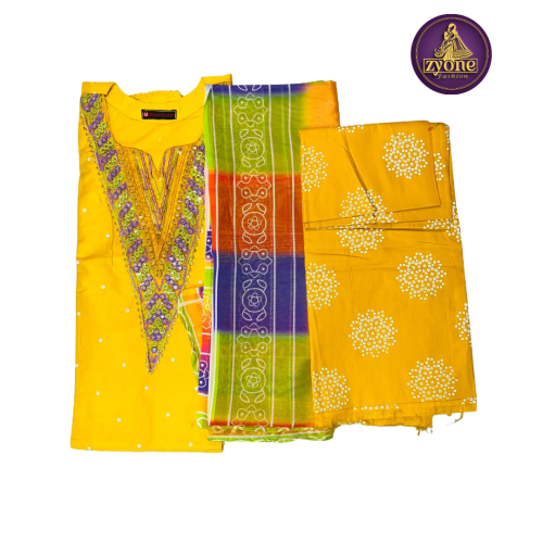 Yellow Cotton Ready Made Three Piece with Embroidered Neck