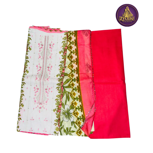White Green Floral Print Three Piece with Pink Embroidery
