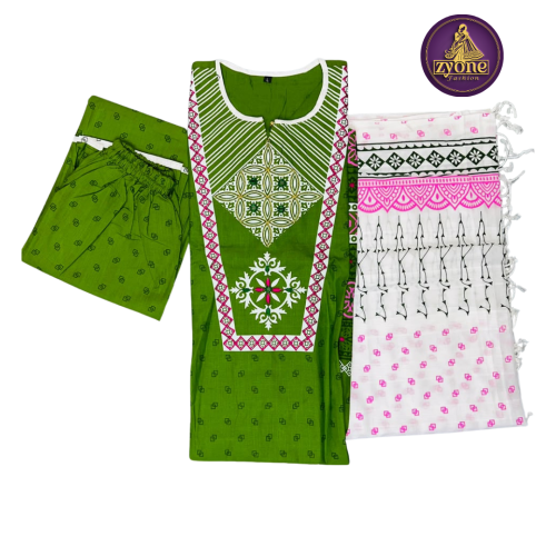 Green Cotton Ready Made Three Piece with Print Work