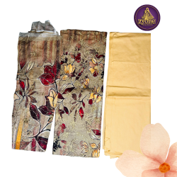 Golden Beige Floral Print Muslin Three Piece with Zari Work