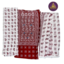 White Maroon Paisley Block Print Cotton Three Piece
