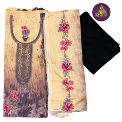 Cream Mauve Ombre Print Three Piece with Embroidered Neck