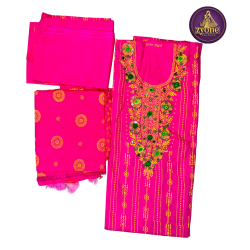 Pink Yellow Print Cotton Three Piece with Mirror Embroidery
