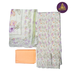 Off White Floral Print Muslin Three Piece with Embroidery