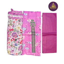 Pink Floral Print Cotton Three Piece with Green Embroidery
