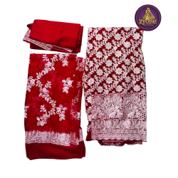 Red Georgette Three Piece with White Chikankari Embroidery