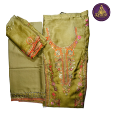 Mehedi Green Tissue Silk Three Piece with Hand Embroidery