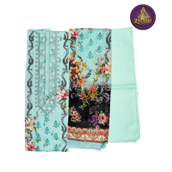 Mint Blue Floral Print Three Piece with Embroidered Neck